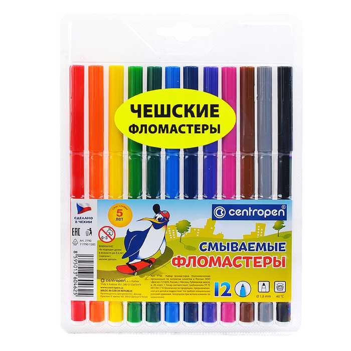 Фломастеры слоны/пингвины 12 цв., шестигранные, смываемые