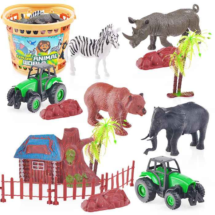Набор животных Сафари с трактором и декорациями, в ведерке