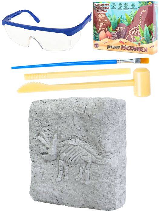 Набор Раскопки "Трицератопс"(камень,4 инструмента,книжка,очки,маска, в коробке)