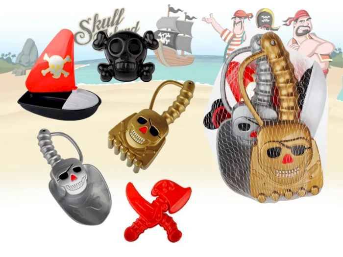 Песочный набор "Пират-3" (кораблик, лопатка, грабли,формочки, в сетке)