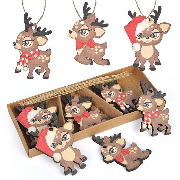 Елочная игрушка деревянная Оленята, 9 шт в наборе