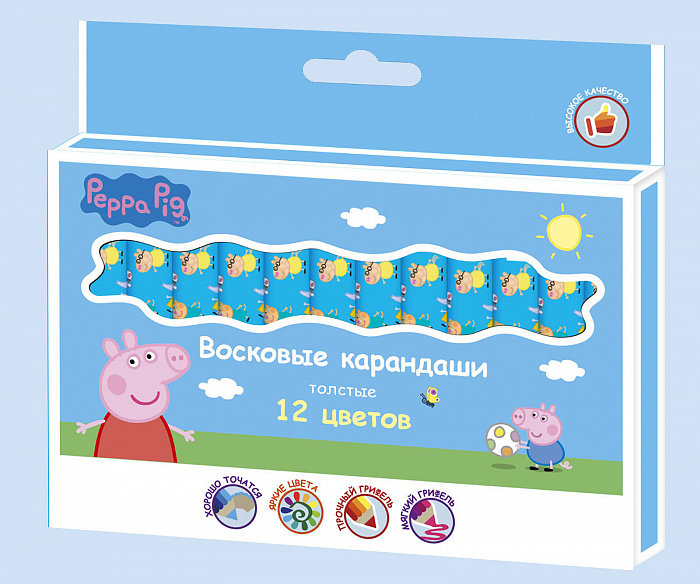 Восковые карандаши толстые Пеппа, 12 цв