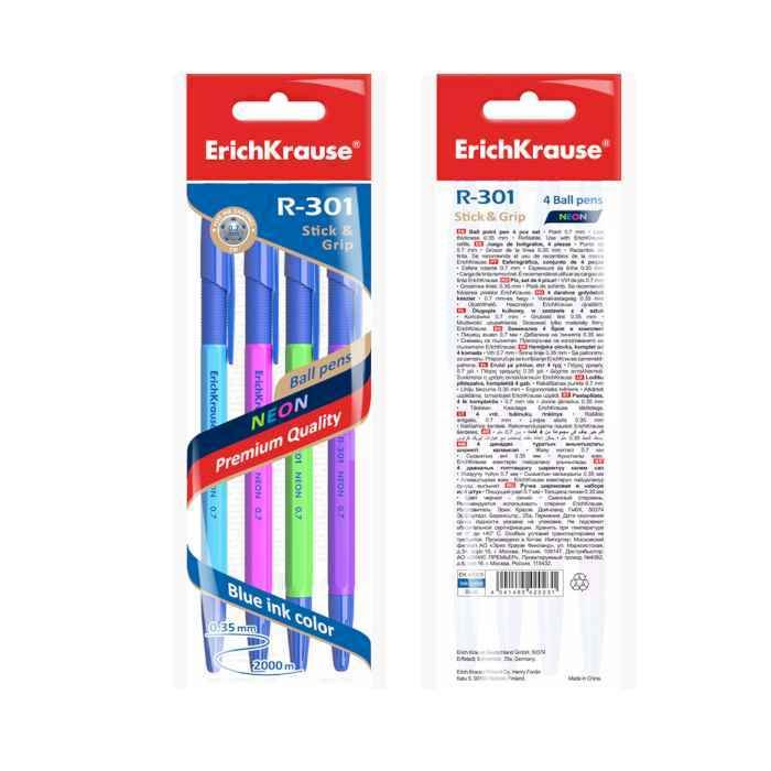Ручка шариковая ErichKrause 4шт, Neon Stick&Grip 0.7, цвет чернил синий