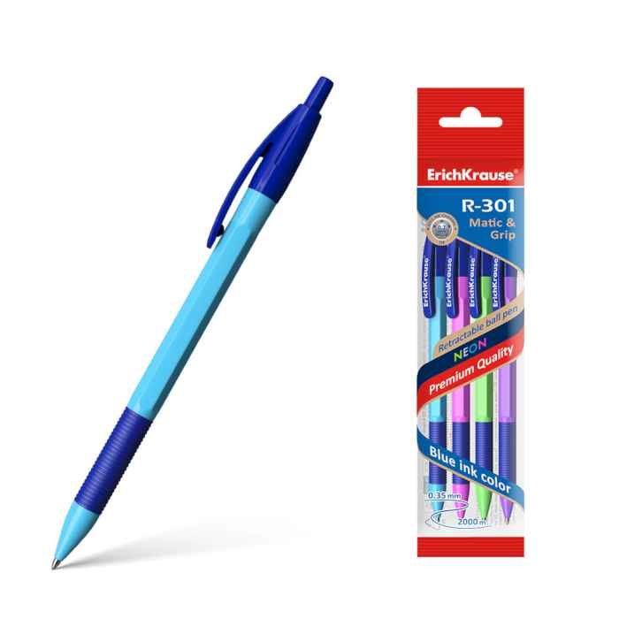 Ручка шариковая ErichKrause 4шт, автоматич.,Neon Matic&Grip  0.7, цвет чернил синий