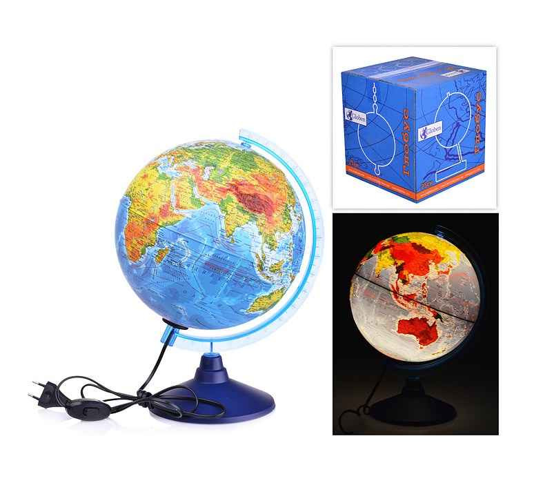 Глобус Земли физико-политический 250мм Рельефный с подсветкой Классик Евро