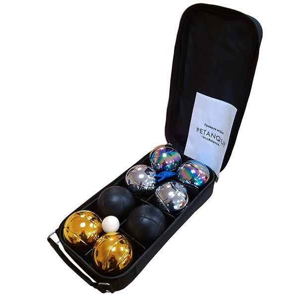 Набор для игры Петанк (Боча) 8 разноцветных шаров (стальной, золотой, черный, радужный), EcoBalance