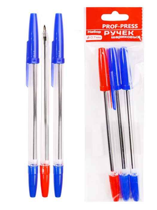 Ручки шариковые d=0,7 мм, 3шт (2 син, 1 крас.) с проз корп