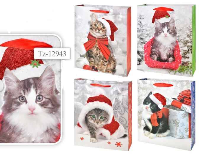 Пакет новогодний "Кошки", с блестками, 4 вида, 32*26*10